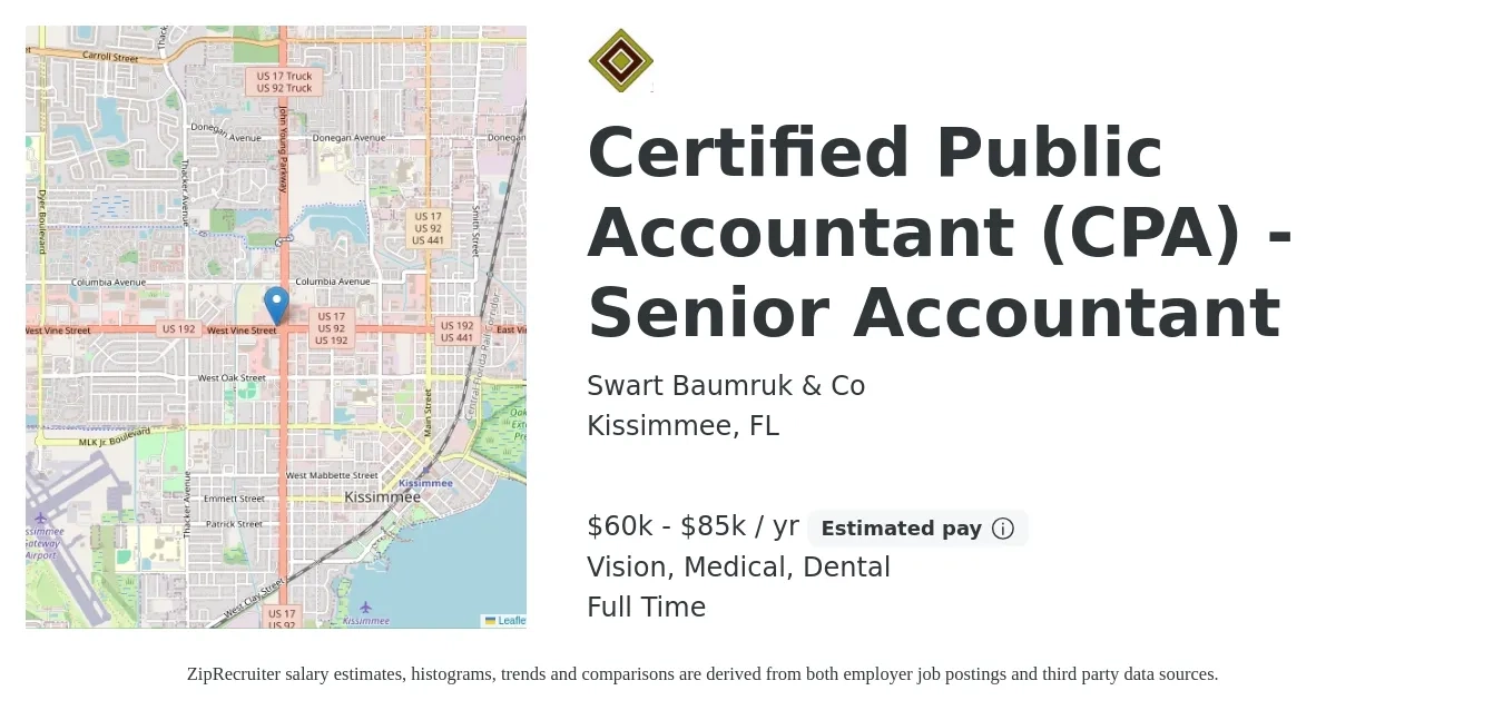 Swart Baumruk & Co job posting for a Certified Public Accountant (CPA) - Senior Accountant in Kissimmee, FL with a salary of $60,000 to $85,000 Yearly and benefits including dental, life_insurance, medical, pto, retirement, and vision with a map of Kissimmee location.