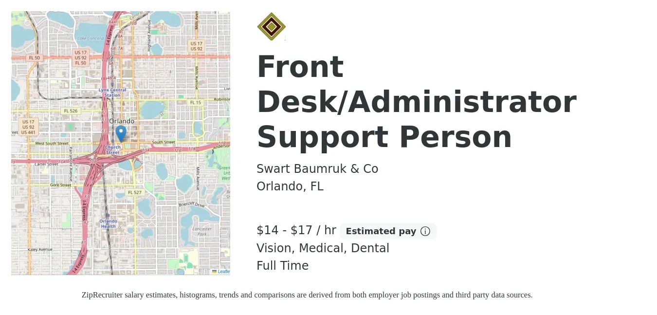 Swart Baumruk & Co job posting for a Front Desk/Administrator Support Person in Orlando, FL with a salary of $15 to $18 Hourly and benefits including vision, dental, medical, pto, and retirement with a map of Orlando location.
