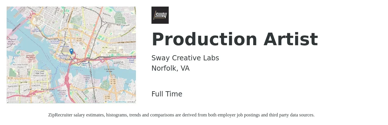 Sway Creative Labs job posting for a Production Artist in Norfolk, VA with a salary of $45,000 to $55,000 Yearly with a map of Norfolk location.