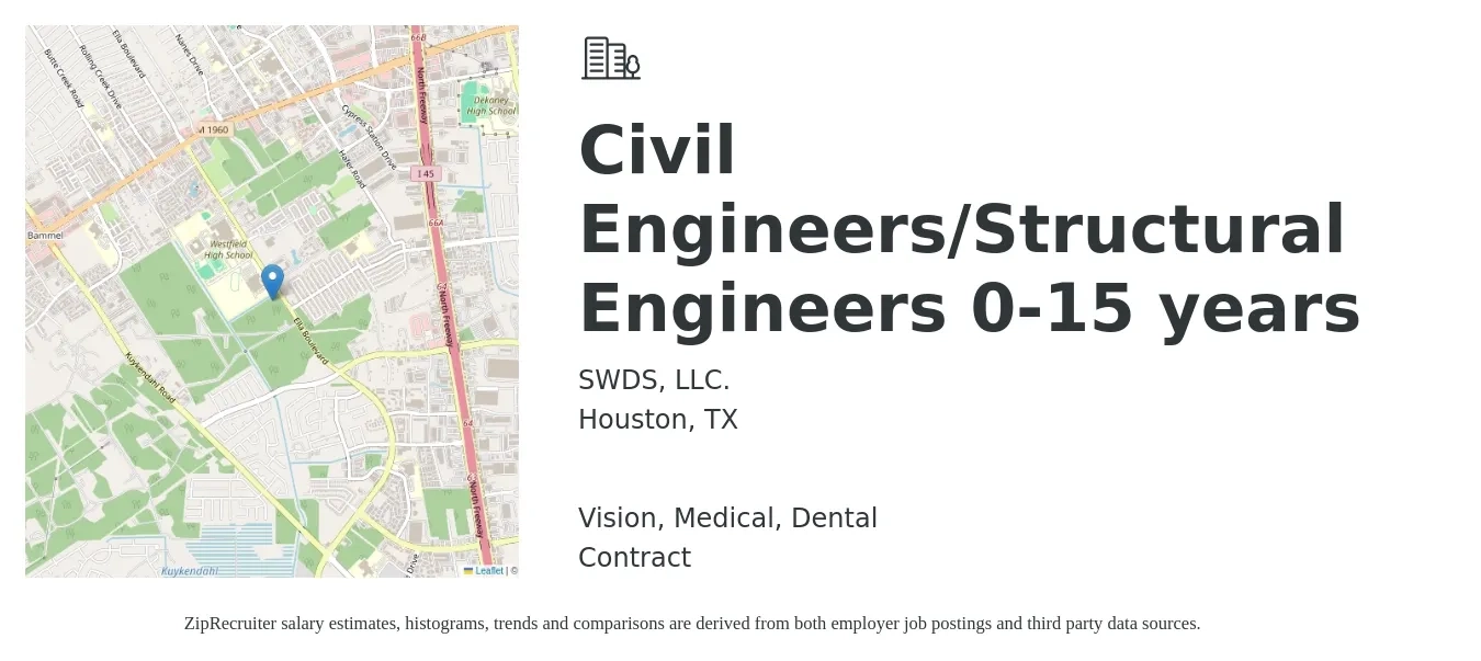 SWDS, LLC. job posting for a Civil Engineers/Structural Engineers 0-15 years in Houston, TX with a salary of $73,100 to $119,800 Yearly and benefits including vision, dental, life_insurance, and medical with a map of Houston location.