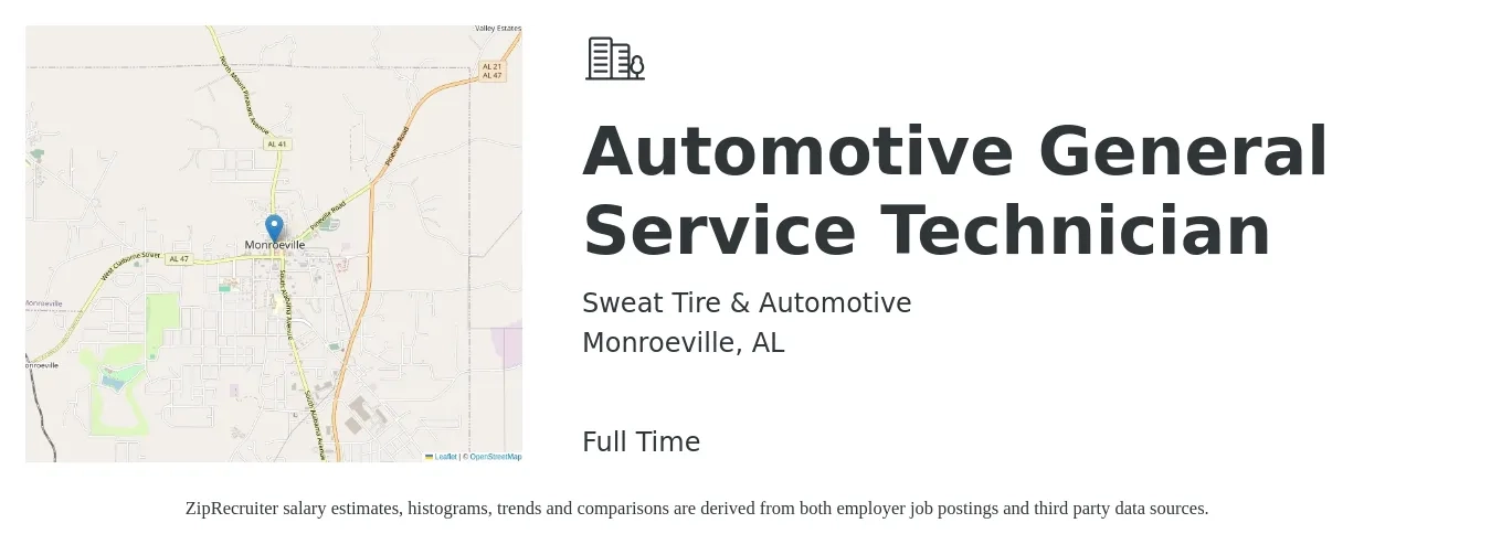 Sweat Tire & Automotive job posting for a Automotive General Service Technician in Monroeville, AL with a salary of $12 to $17 Hourly with a map of Monroeville location.