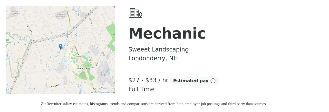 Sweeet Landscaping job posting for a Mechanic in Londonderry, NH with a salary of $29 to $35 Hourly with a map of Londonderry location.