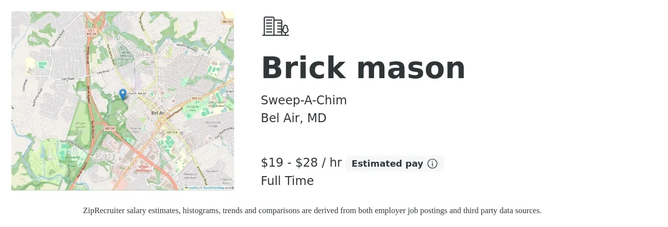Sweep-A-Chim job posting for a Brick mason in Bel Air, MD with a salary of $20 to $30 Hourly with a map of Bel Air location.