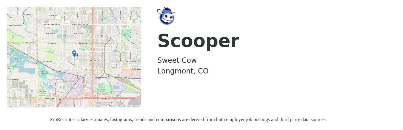 Sweet Cow job posting for a Scooper in Longmont, CO with a salary of $21 Hourly with a map of Longmont location.