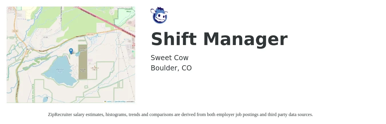 Sweet Cow job posting for a Shift Manager in Boulder, CO with a salary of $23 Hourly with a map of Boulder location.