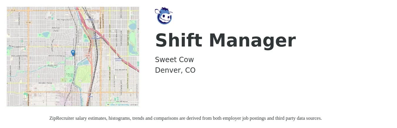 Sweet Cow job posting for a Shift Manager in Denver, CO with a salary of $23 Hourly with a map of Denver location.