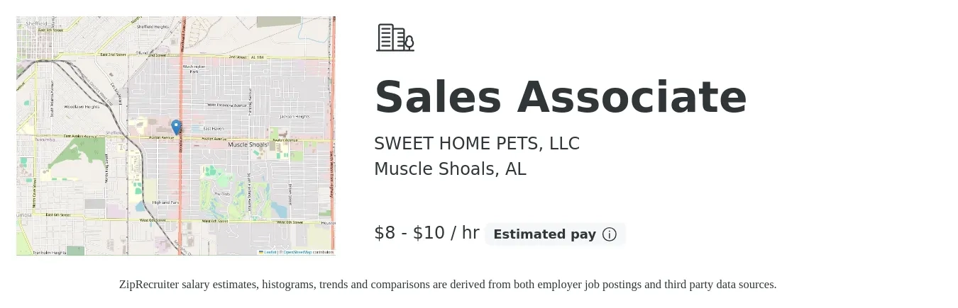 SWEET HOME PETS, LLC job posting for a Sales Associate in Muscle Shoals, AL with a salary of $9 to $11 Hourly with a map of Muscle Shoals location.