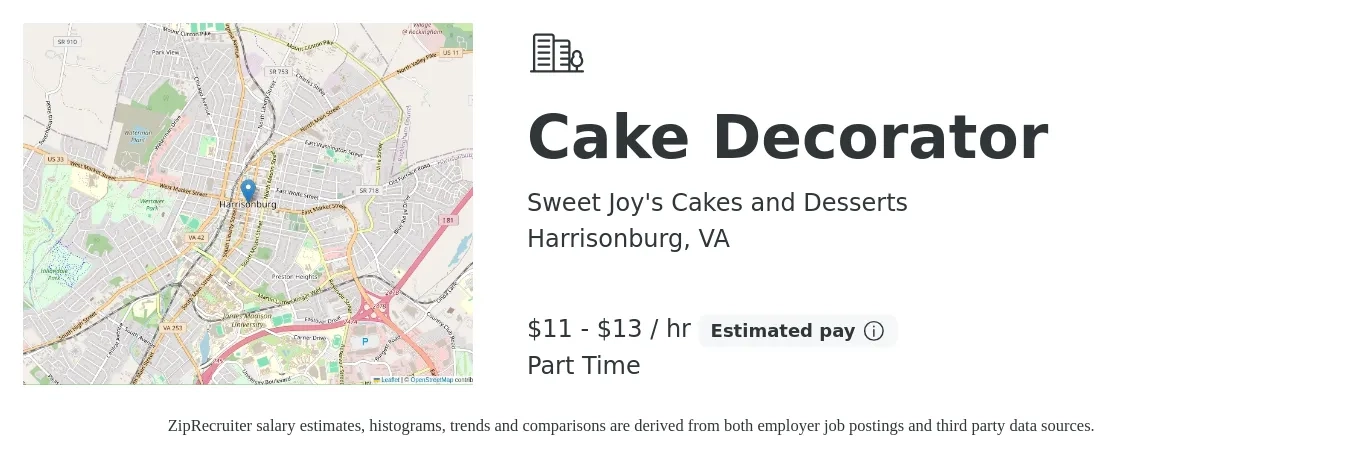Sweet Joy's Cakes and Desserts job posting for a Cake Decorator in Harrisonburg, VA with a salary of $12 to $14 Hourly with a map of Harrisonburg location.
