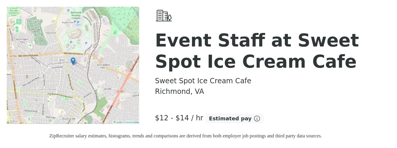 Sweet Spot Ice Cream Cafe job posting for a Event Staff at Sweet Spot Ice Cream Cafe in Richmond, VA with a salary of $13 to $15 Hourly with a map of Richmond location.