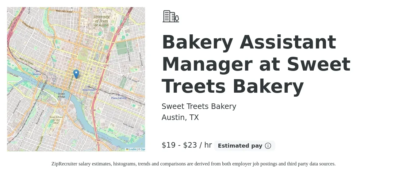 Sweet Treets Bakery job posting for a Bakery Assistant Manager at Sweet Treets Bakery in Austin, TX with a salary of $20 to $24 Hourly with a map of Austin location.