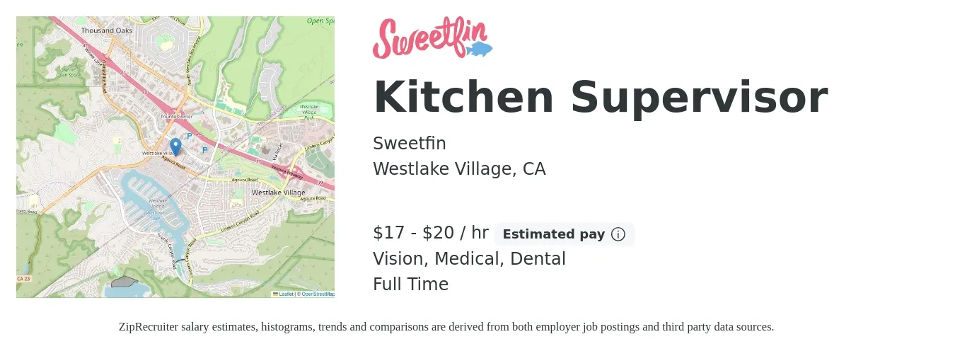 Sweetfin job posting for a Kitchen Supervisor in Westlake Village, CA with a salary of $18 to $22 Hourly and benefits including retirement, vision, dental, and medical with a map of Westlake Village location.