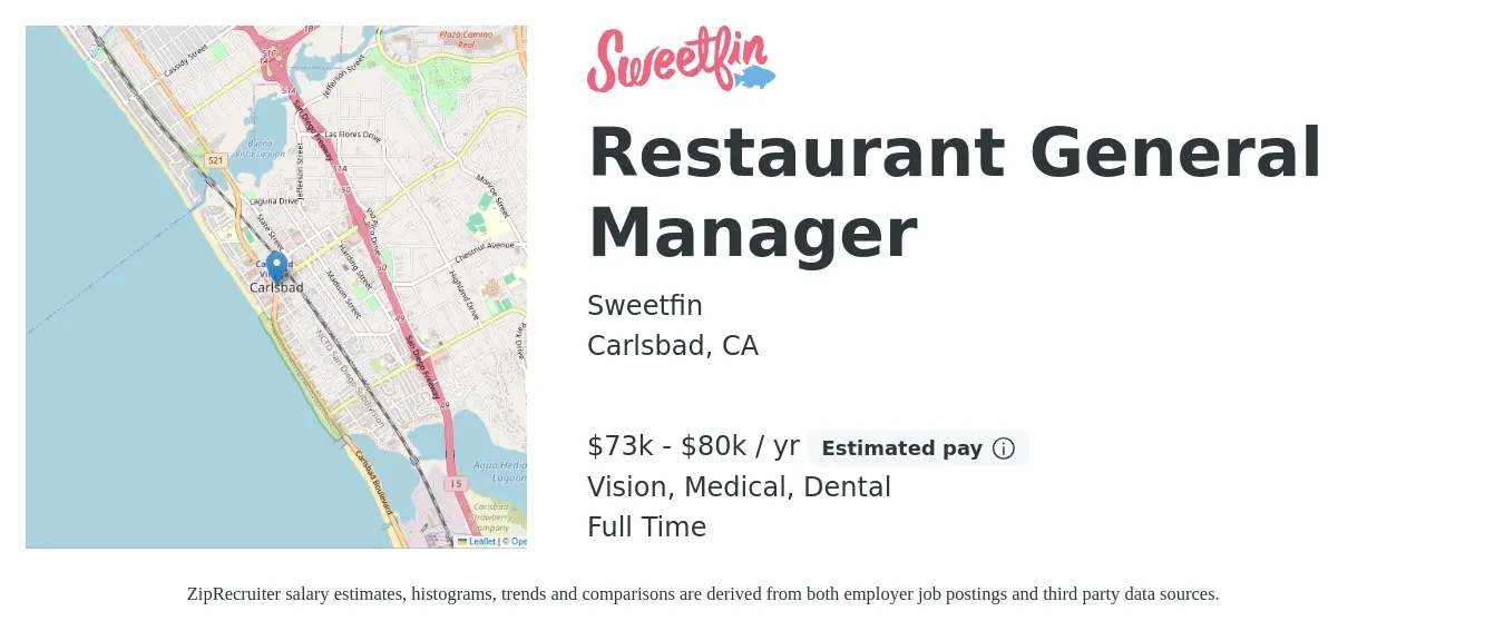 Sweetfin job posting for a Restaurant General Manager in Carlsbad, CA with a salary of $73,000 to $80,000 Yearly and benefits including medical, pto, vision, and dental with a map of Carlsbad location.