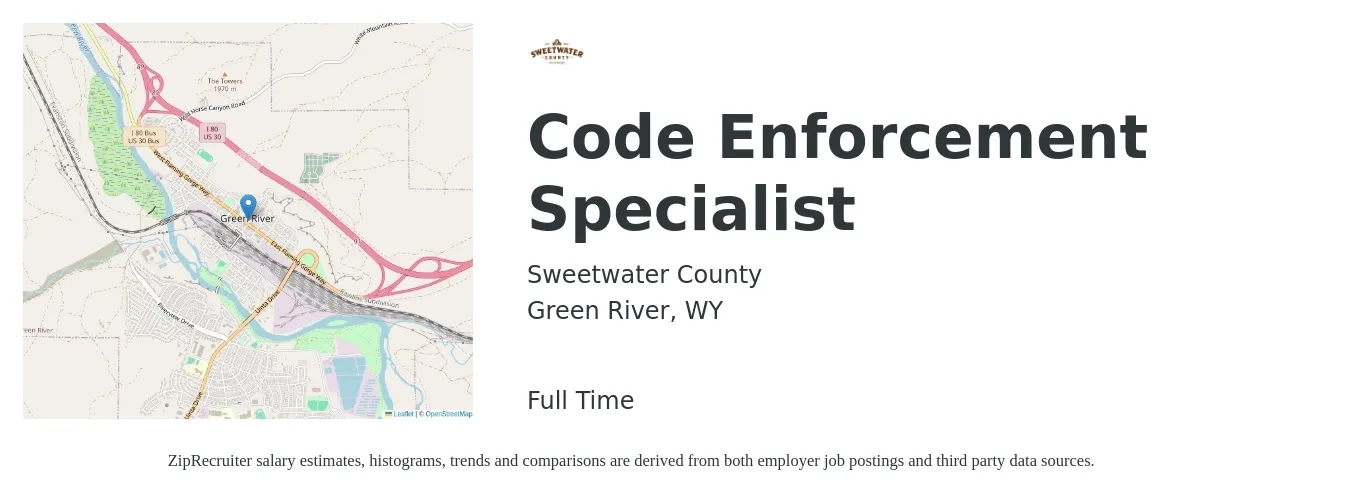 Sweetwater County job posting for a Code Enforcement Specialist in Green River, WY with a salary of $52,100 to $77,400 Yearly with a map of Green River location.