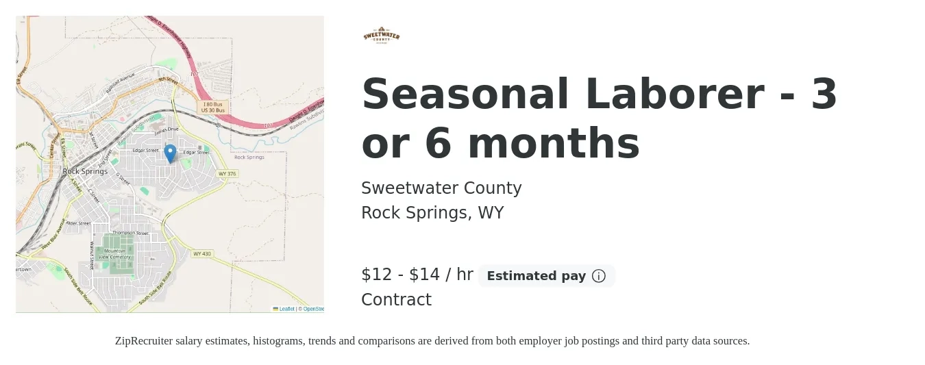 Sweetwater County job posting for a Seasonal Laborer - 3 or 6 months in Rock Springs, WY with a salary of $13 to $15 Hourly with a map of Rock Springs location.