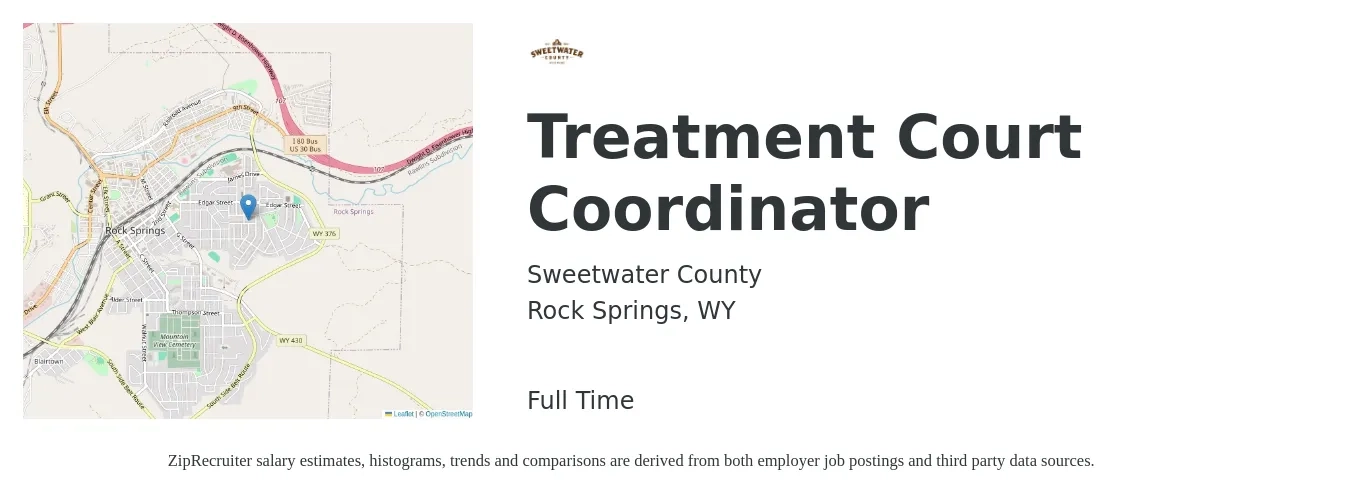 Sweetwater County job posting for a Treatment Court Coordinator in Rock Springs, WY with a salary of $20 to $25 Hourly with a map of Rock Springs location.