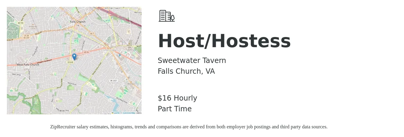 Sweetwater Tavern job posting for a Host/Hostess in Falls Church, VA with a salary of $17 Hourly with a map of Falls Church location.