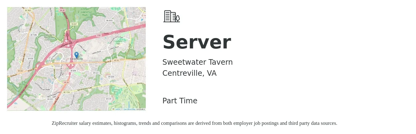 Sweetwater Tavern job posting for a Server in Centreville, VA with a salary of $1,000 to $1,500 Weekly with a map of Centreville location.