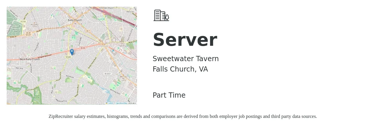 Sweetwater Tavern job posting for a Server in Falls Church, VA with a salary of $1,000 to $1,500 Weekly with a map of Falls Church location.