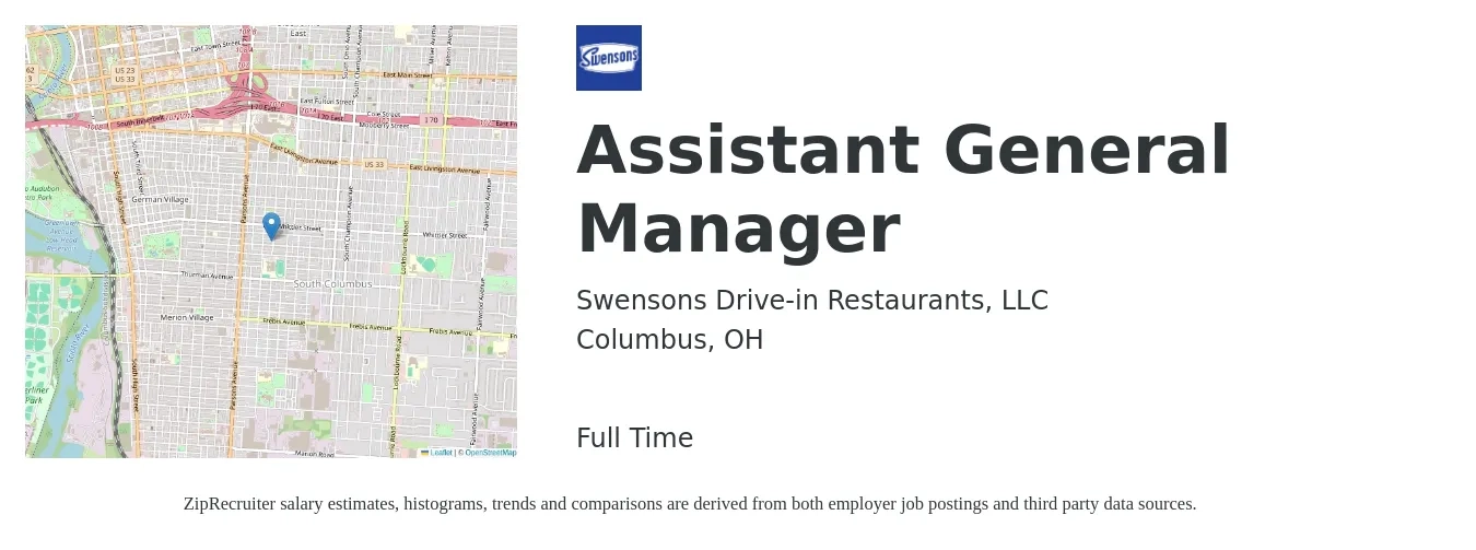 Swensons Drive-in Restaurants, LLC job posting for a Assistant General Manager in Columbus, OH with a salary of $16 to $24 Hourly with a map of Columbus location.