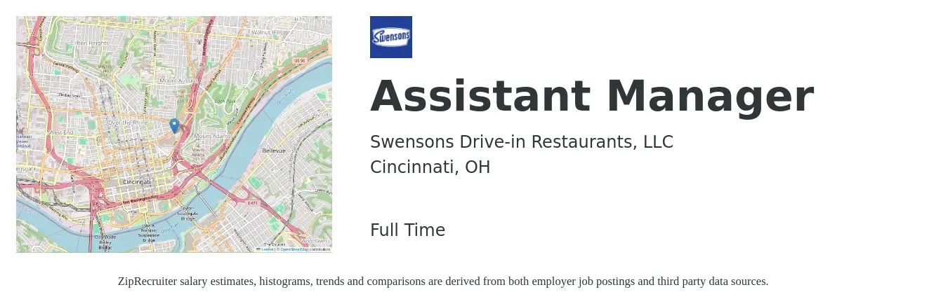 Swensons Drive-in Restaurants, LLC job posting for a Assistant Manager in Cincinnati, OH with a salary of $16 to $24 Hourly with a map of Cincinnati location.