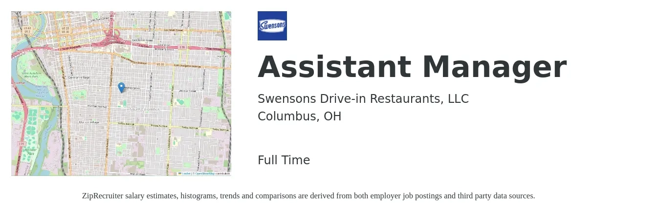 Swensons Drive-in Restaurants, LLC job posting for a Assistant Manager in Columbus, OH with a salary of $16 to $24 Hourly with a map of Columbus location.