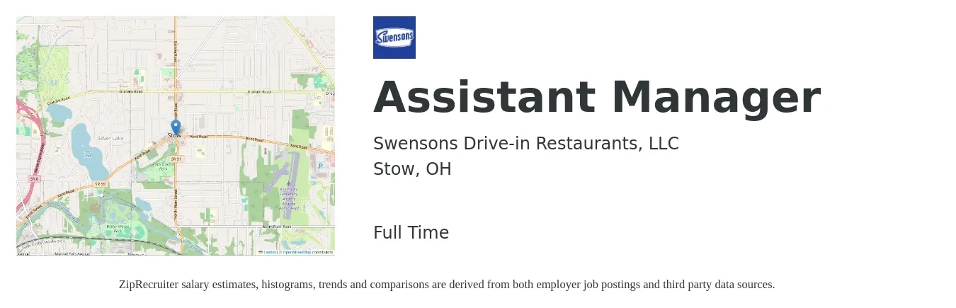 Swensons Drive-in Restaurants, LLC job posting for a Assistant Manager in Stow, OH with a salary of $16 to $23 Hourly with a map of Stow location.
