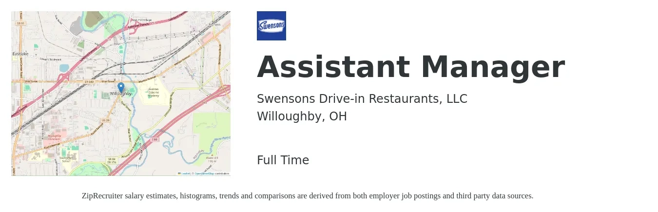 Swensons Drive-in Restaurants, LLC job posting for a Assistant Manager in Willoughby, OH with a salary of $16 to $23 Hourly with a map of Willoughby location.