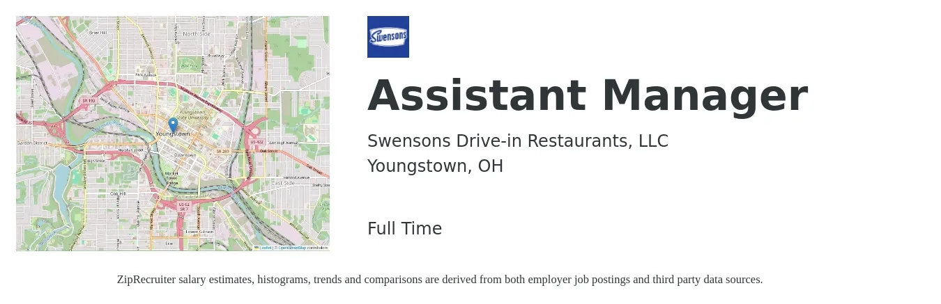 Swensons Drive-in Restaurants, LLC job posting for a Assistant Manager in Youngstown, OH with a salary of $16 to $23 Hourly with a map of Youngstown location.
