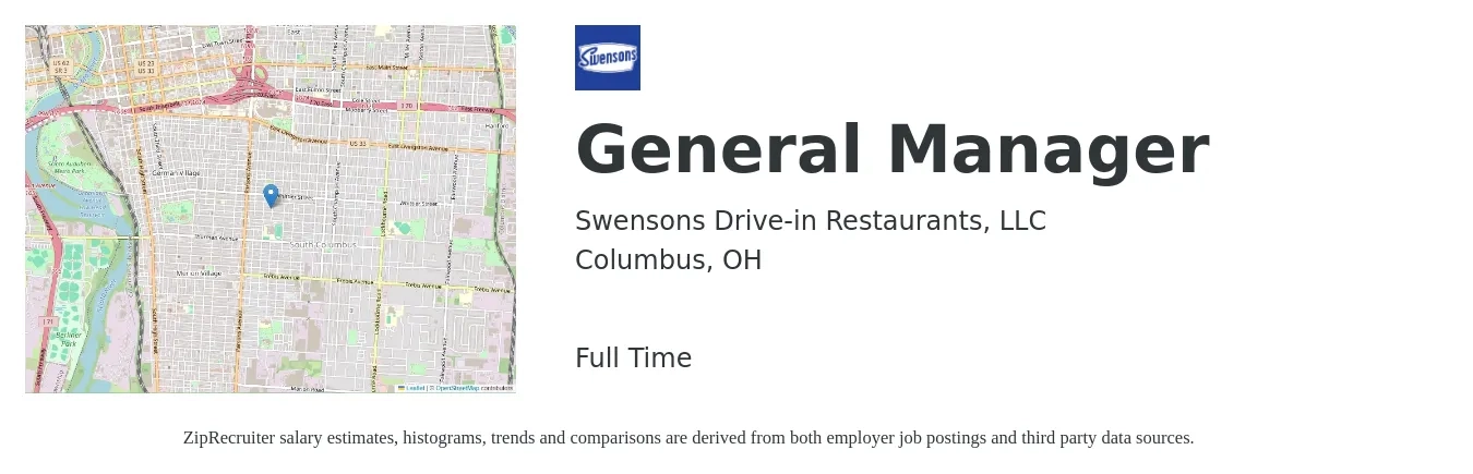 Swensons Drive-in Restaurants, LLC job posting for a General Manager in Columbus, OH with a salary of $47,800 to $71,500 Yearly with a map of Columbus location.