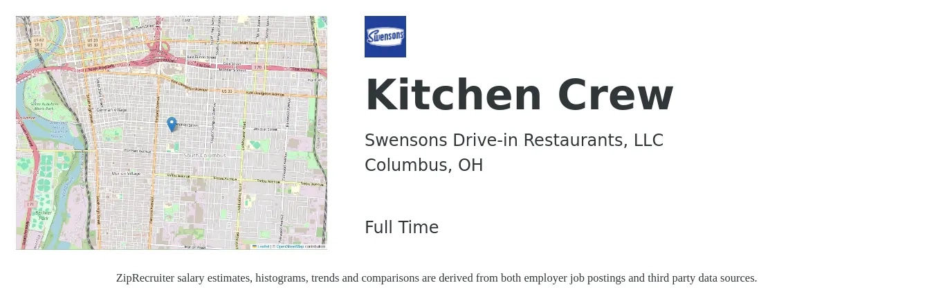 Swensons Drive-in Restaurants, LLC job posting for a Kitchen Crew in Columbus, OH with a salary of $36,700 to $58,800 Yearly with a map of Columbus location.