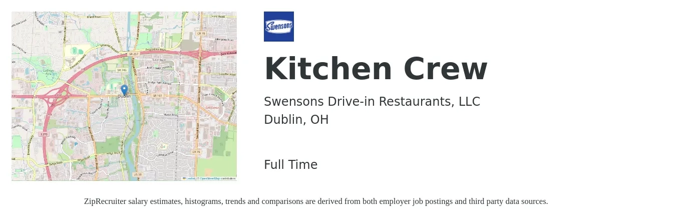 Swensons Drive-in Restaurants, LLC job posting for a Kitchen Crew in Dublin, OH with a salary of $36,800 to $59,000 Yearly with a map of Dublin location.