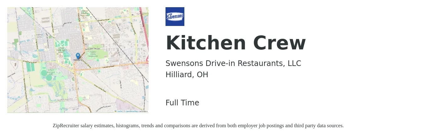 Swensons Drive-in Restaurants, LLC job posting for a Kitchen Crew in Hilliard, OH with a salary of $36,900 to $59,100 Yearly with a map of Hilliard location.