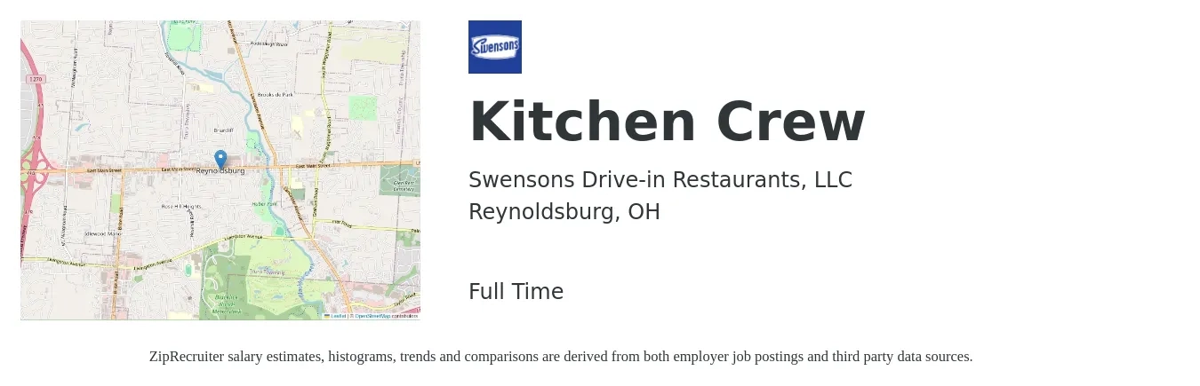 Swensons Drive-in Restaurants, LLC job posting for a Kitchen Crew in Reynoldsburg, OH with a salary of $35,700 to $57,200 Yearly with a map of Reynoldsburg location.