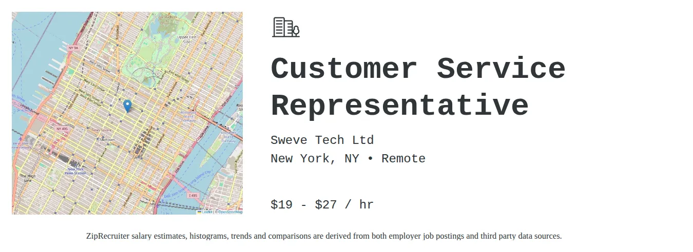 Sweve Tech LTD job posting for a Customer Service Representative in Dallas, TX with a salary of $20 to $25 Hourly and benefits including Medical, Dental, PTO, and Retirement with a map of Dallas location.