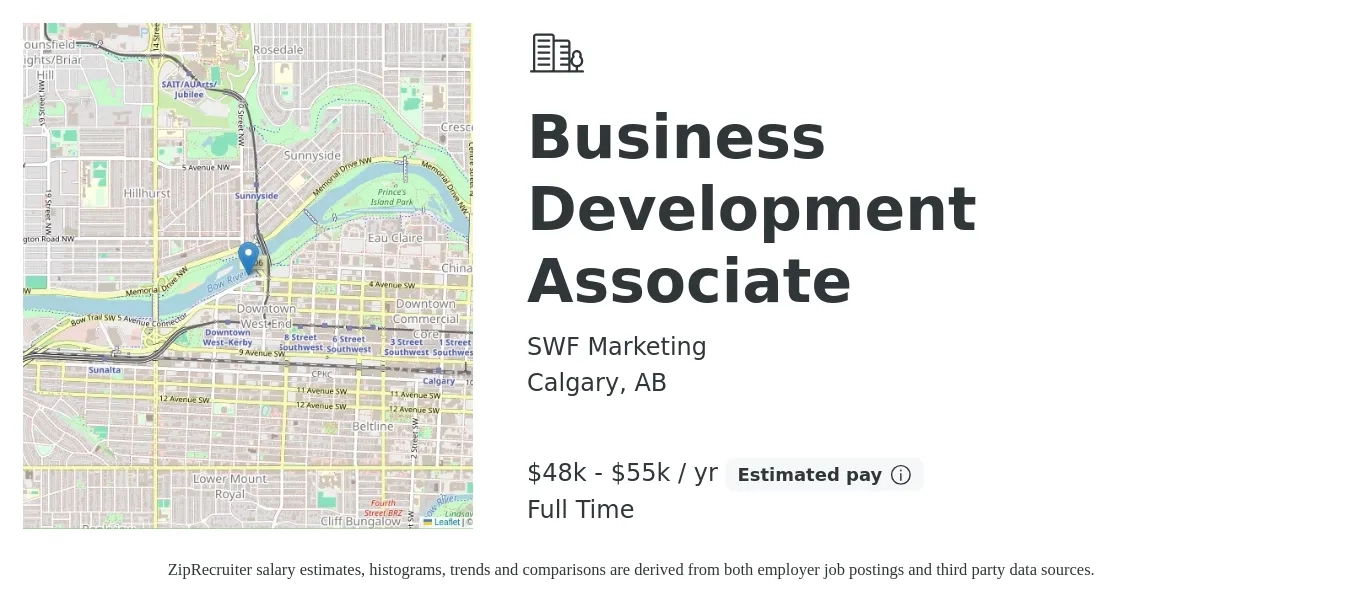 SWF Marketing job posting for a Business Development Associate in Calgary, AB with a salary of $48,000 to $55,000 Yearly with a map of Calgary location.