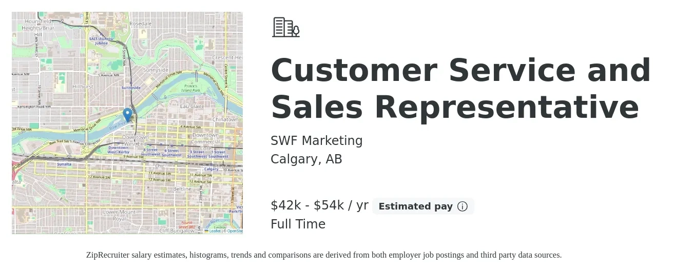 SWF Marketing job posting for a Customer Service and Sales Representative in Calgary, AB with a salary of $42,000 to $54,000 Yearly with a map of Calgary location.