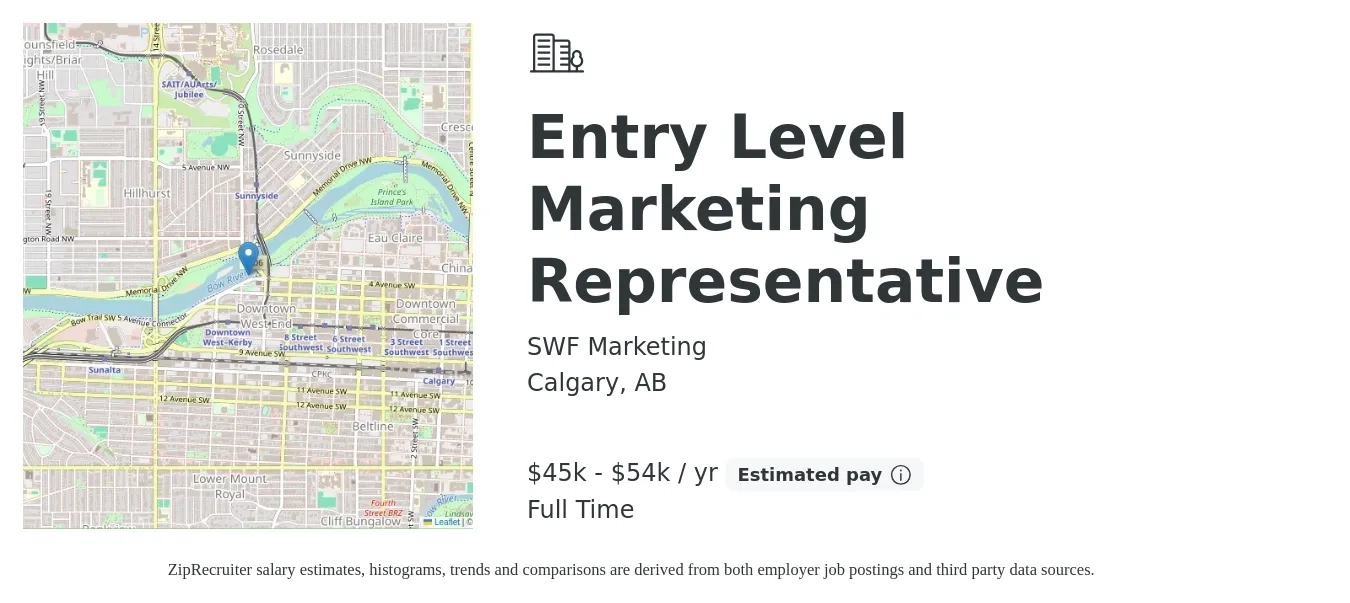 SWF Marketing job posting for a Entry Level Marketing Representative in Calgary, AB with a salary of $45,000 to $54,000 Yearly with a map of Calgary location.