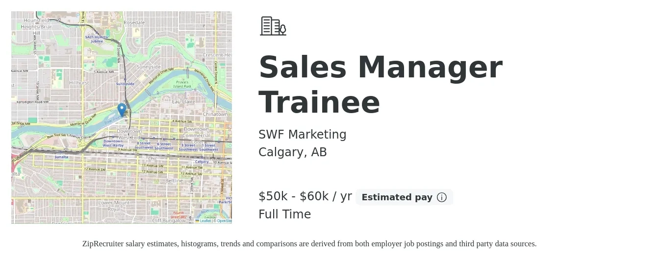 SWF Marketing job posting for a Sales Manager Trainee in Calgary, AB with a salary of $50,000 to $60,000 Yearly with a map of Calgary location.