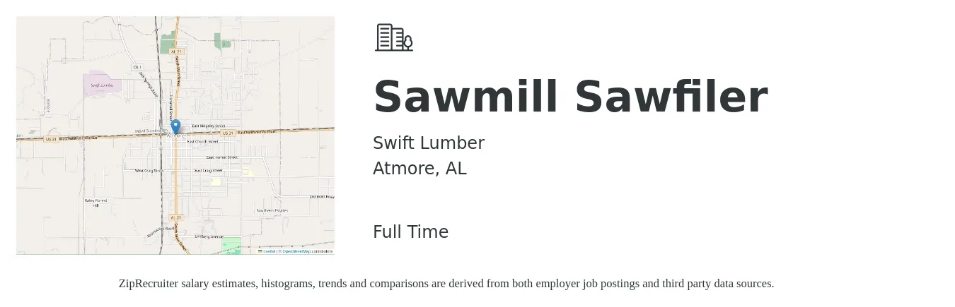 Swift Lumber job posting for a Sawmill Sawfiler in Atmore, AL with a salary of $14 to $20 Hourly with a map of Atmore location.