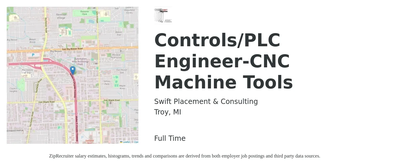 Swift Placement & Consulting job posting for a Controls/PLC Engineer-CNC Machine Tools in Troy, MI with a salary of $73,500 to $94,200 Yearly with a map of Troy location.