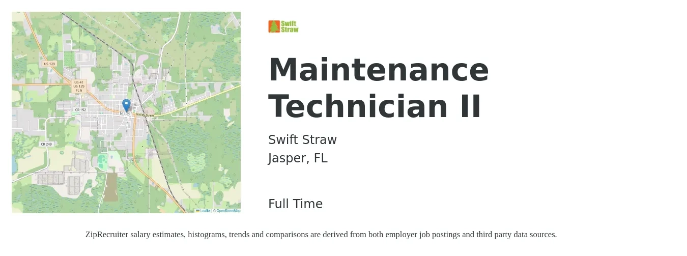 Swift Straw job posting for a Maintenance Technician II in Jasper, FL with a salary of $17 to $24 Hourly with a map of Jasper location.