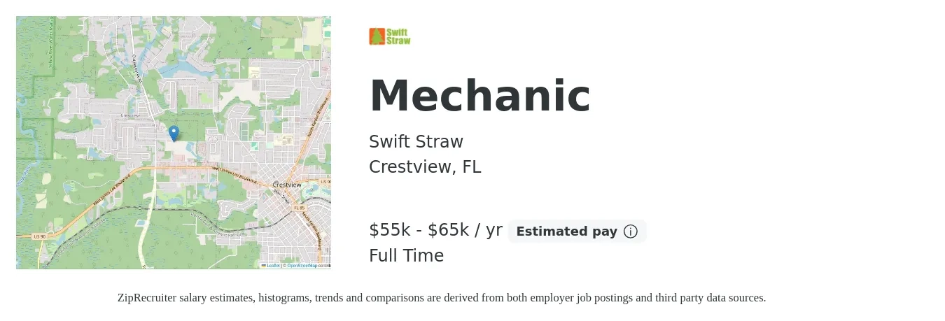 Swift Straw job posting for a Mechanic in Crestview, FL with a salary of $55,000 to $65,000 Yearly with a map of Crestview location.