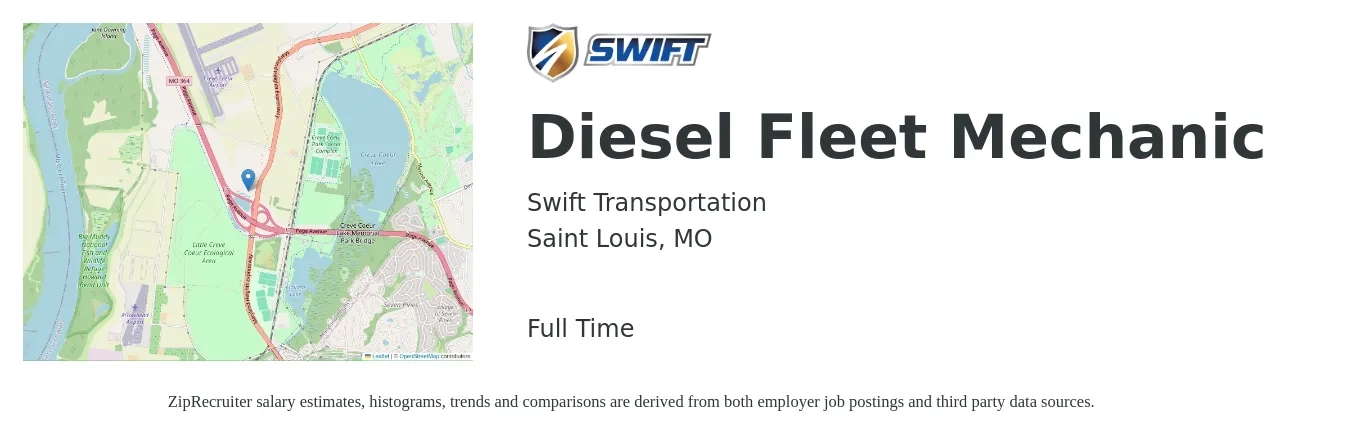 Swift Transportation job posting for a Diesel Fleet Mechanic in Saint Louis, MO with a salary of $22 to $29 Hourly with a map of Saint Louis location.