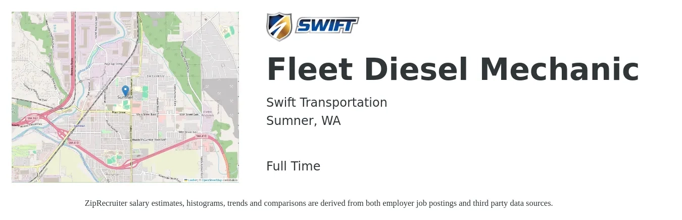 Swift Transportation job posting for a Fleet Diesel Mechanic in Sumner, WA with a salary of $36 to $54 Hourly with a map of Sumner location.