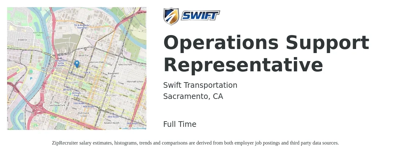 Swift Transportation job posting for a Operations Support Representative in Sacramento, CA with a salary of $17 to $25 Hourly with a map of Sacramento location.