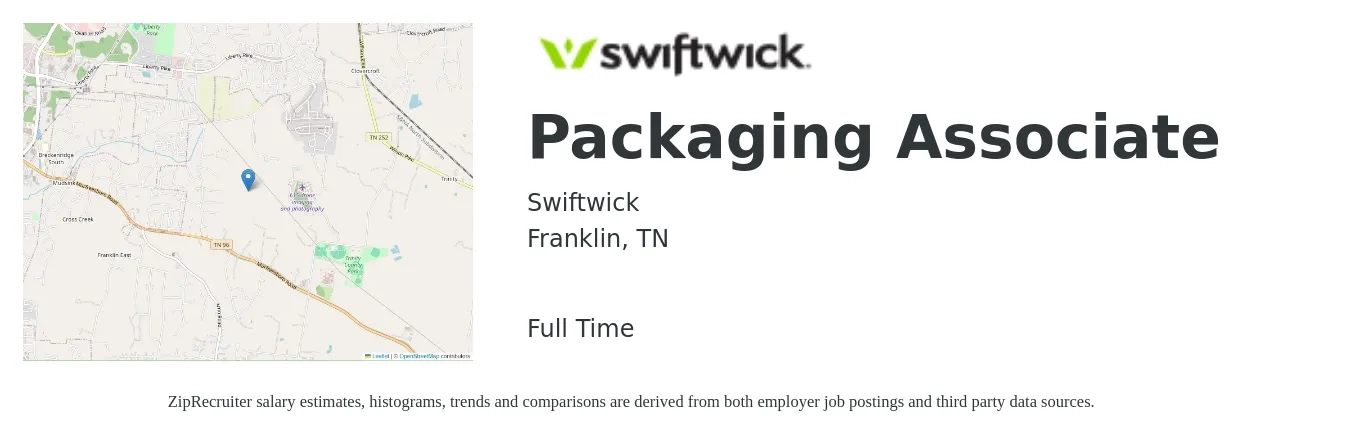 Swiftwick job posting for a Packaging Associate in Franklin, TN with a salary of $14 to $18 Hourly with a map of Franklin location.