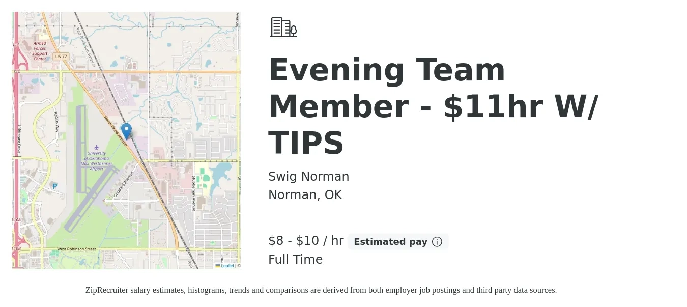 Swig Norman job posting for a Evening Team Member - $11hr W/ TIPS in Norman, OK with a salary of $9 to $11 Hourly with a map of Norman location.