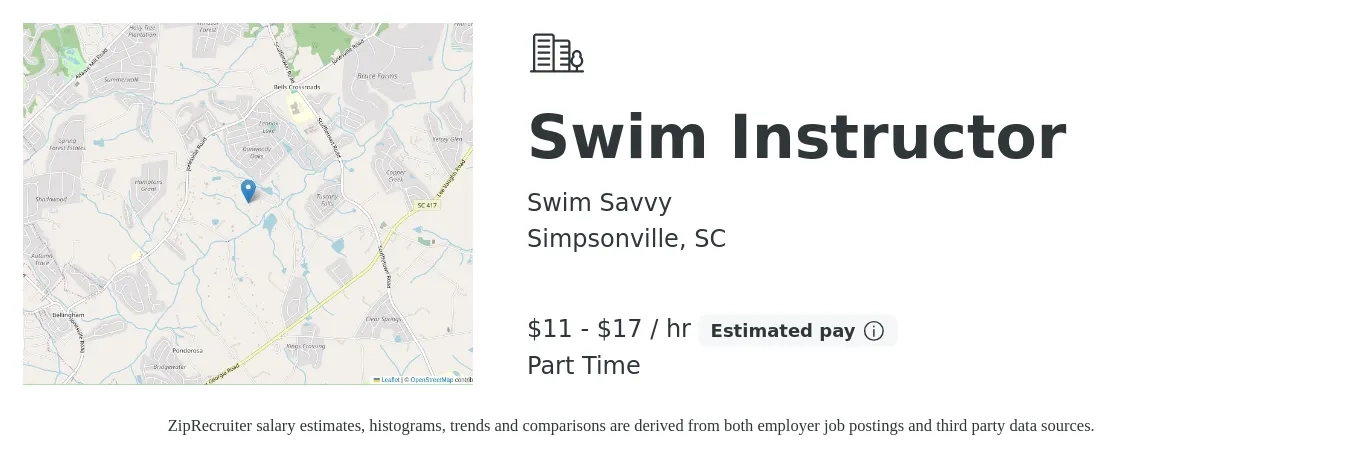Swim Savvy job posting for a Swim Instructor in Simpsonville, SC with a salary of $12 to $18 Hourly with a map of Simpsonville location.