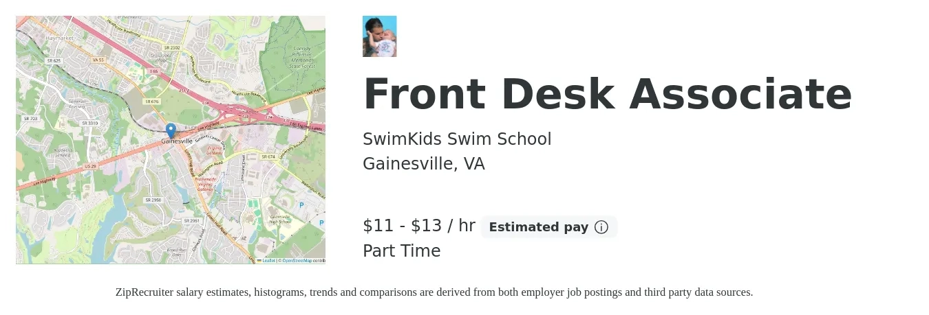 SwimKids Swim School job posting for a Front Desk Associate in Gainesville, VA with a salary of $12 to $14 Hourly with a map of Gainesville location.