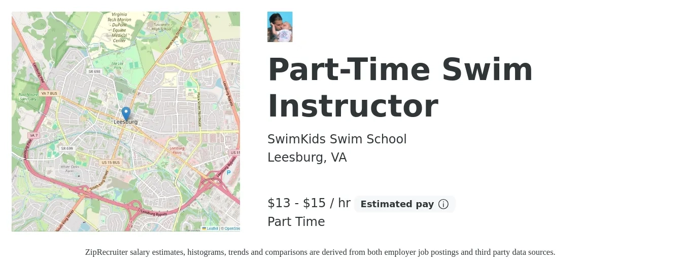SwimKids Swim School job posting for a Part-Time Swim Instructor in Leesburg, VA with a salary of $14 to $16 Hourly with a map of Leesburg location.